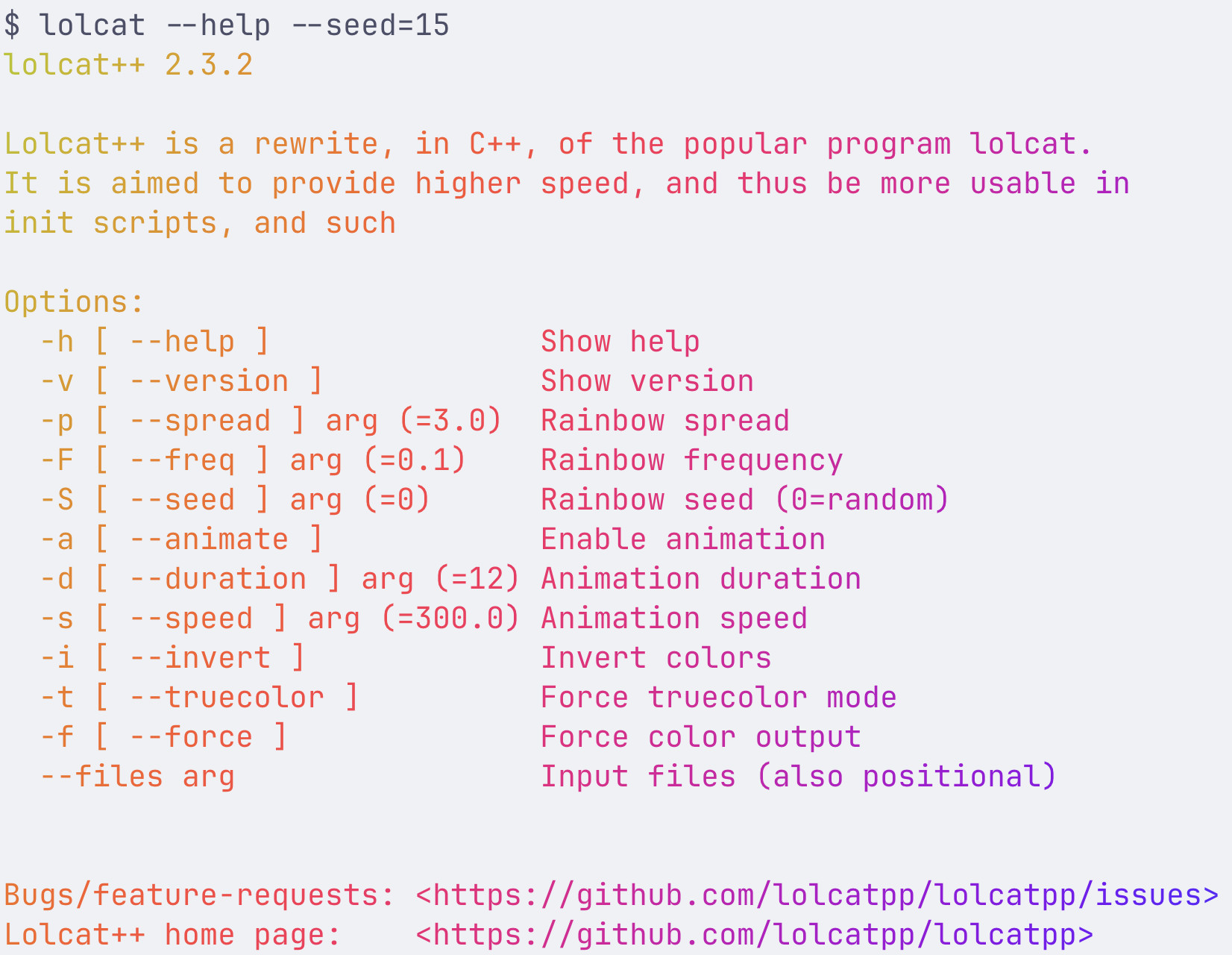 lolcat++ --help output